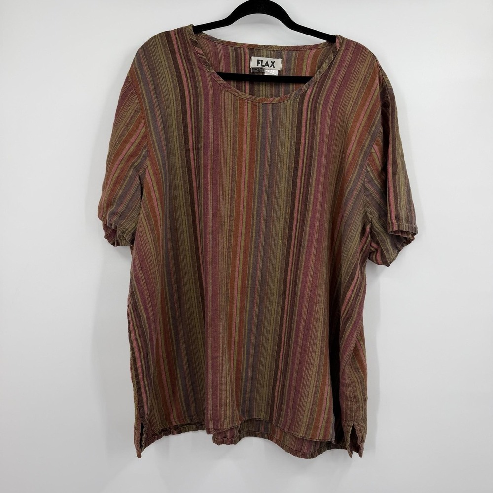 FLAX Tunic Womens 2G Multicolor Round Neck Short Sleeve Linen Relaxed Oversized